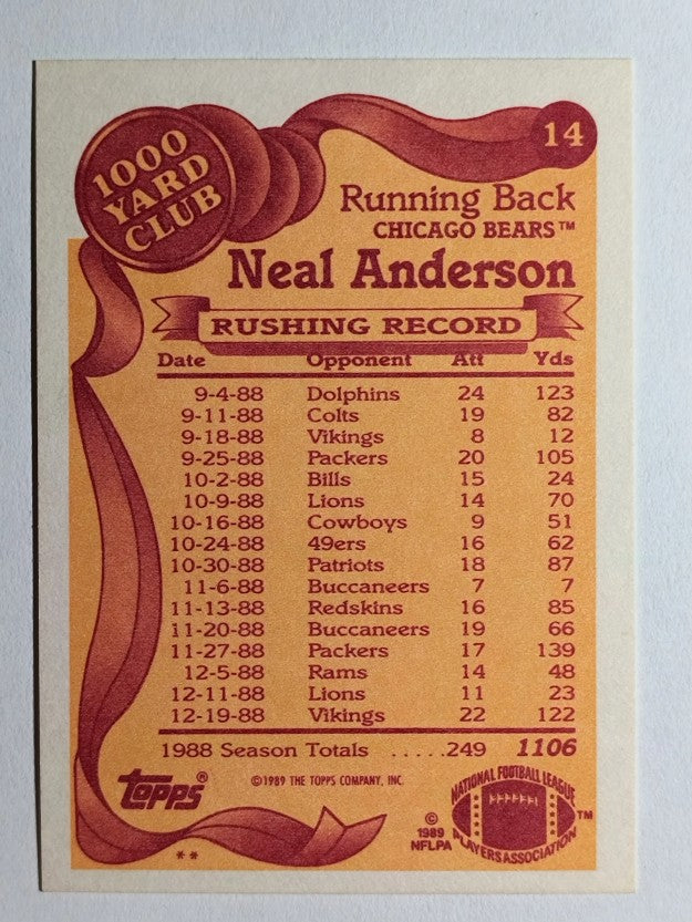 1989 Topps 1000 Yard Club #14 Neal Anderson