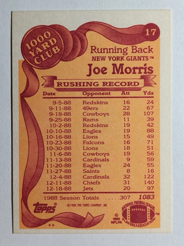 1989 Topps 1000 Yard Club #17 Joe Morris