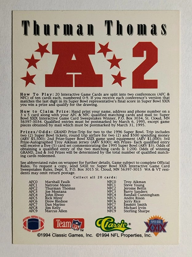 1995 Classic NFL Experience Super Bowl Game #A2 Thurman Thomas