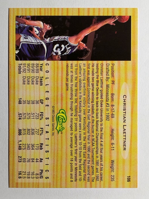 1993 Classic #106 Christian Laettner FLB