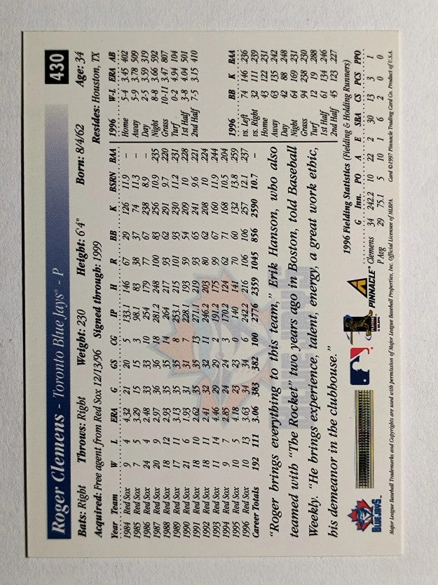 1997 Score #430 Roger Clemens