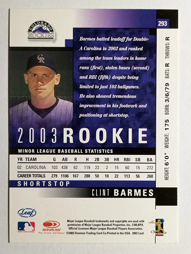 2003 Leaf #293 Clint Barmes ROO RC