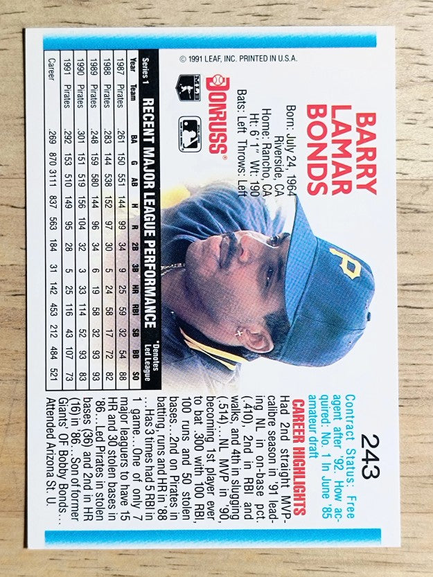 1992 Donruss #243 Barry Bonds