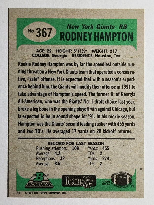 1991 Bowman #367 Rodney Hampton