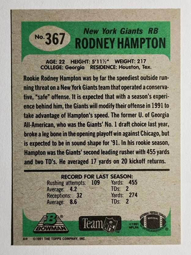 1991 Bowman #367 Rodney Hampton