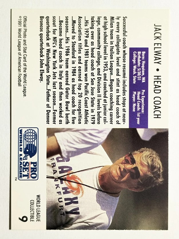 1991 Pro Set WLAF Inserts #9 Jack Elway CO