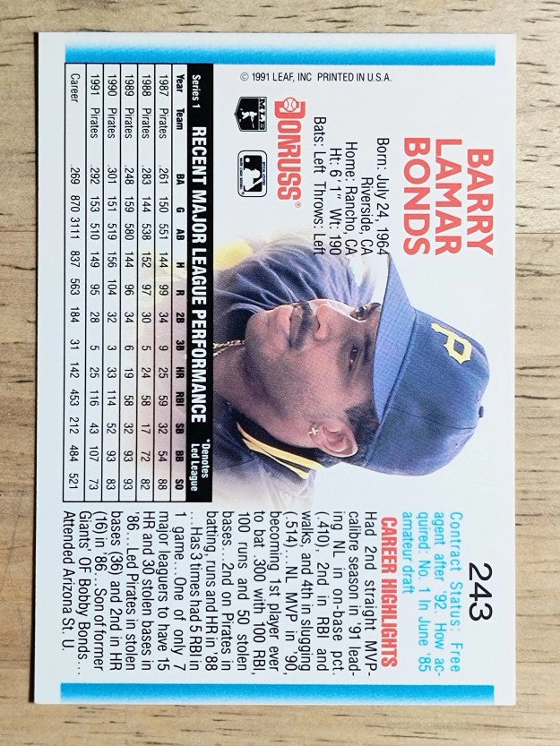 1992 Donruss #243 Barry Bonds