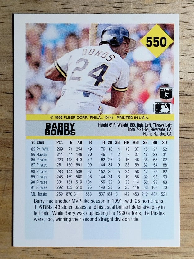 1992 Fleer #550 Barry Bonds