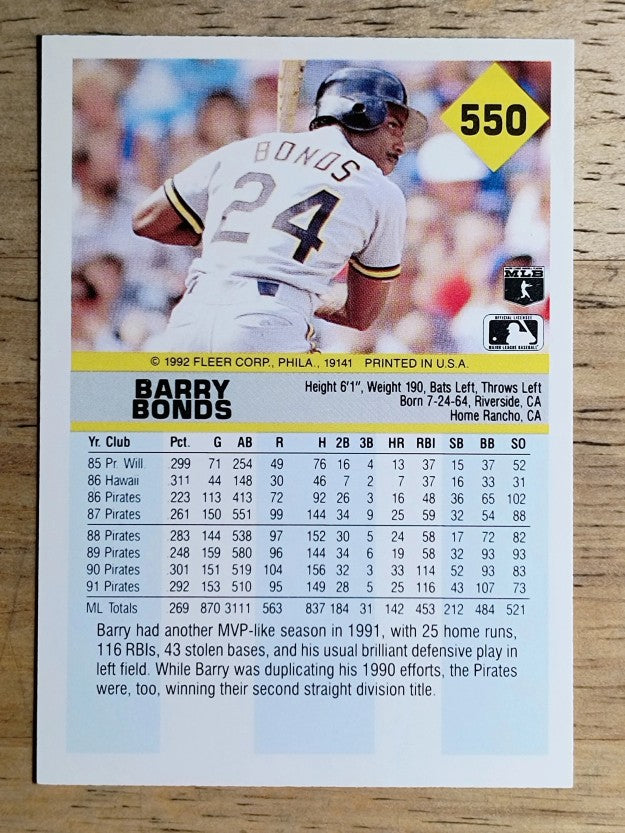 1992 Fleer #550 Barry Bonds