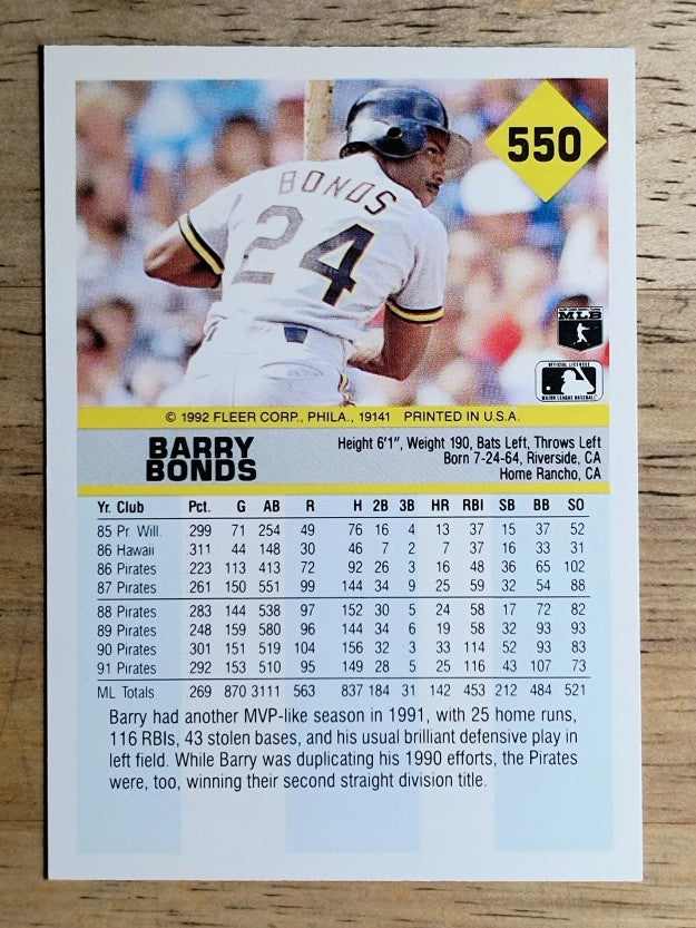 1992 Fleer #550 Barry Bonds