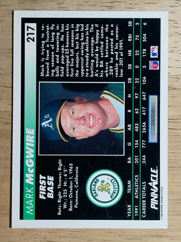 1992 Pinnacle #217 Mark McGwire