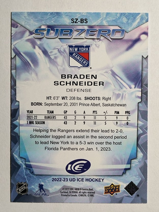 2022-23 Upper Deck Ice Sub Zero Rookies #BS Braden Schneider /999