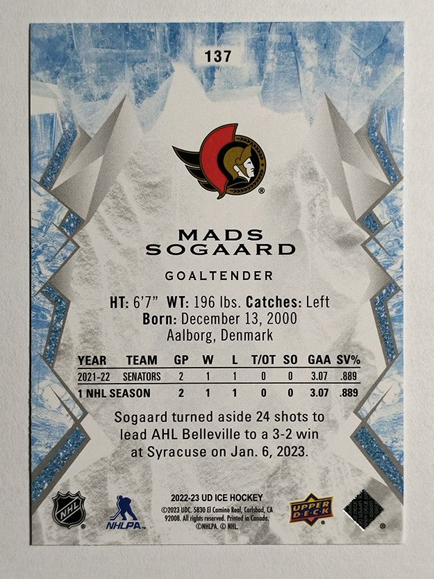 2022-23 Upper Deck Ice #137 Mads Sogaard RC