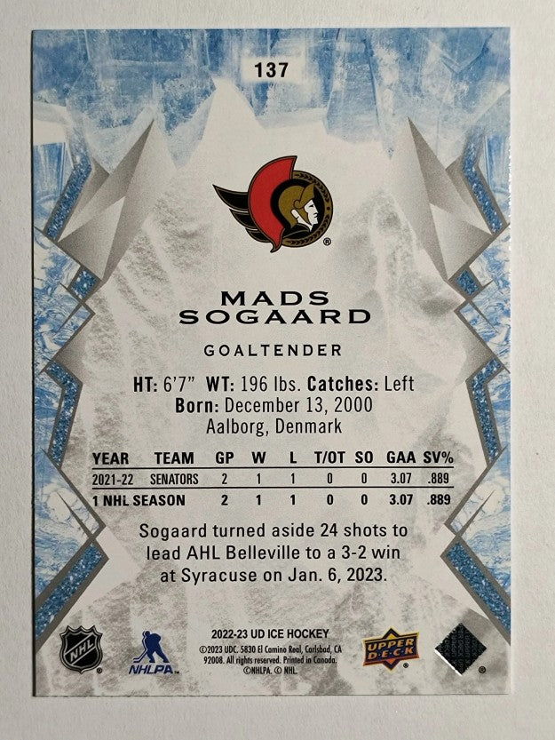 2022-23 Upper Deck Ice #137 Mads Sogaard RC