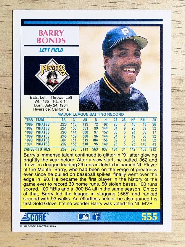 1992 Score #555 Barry Bonds