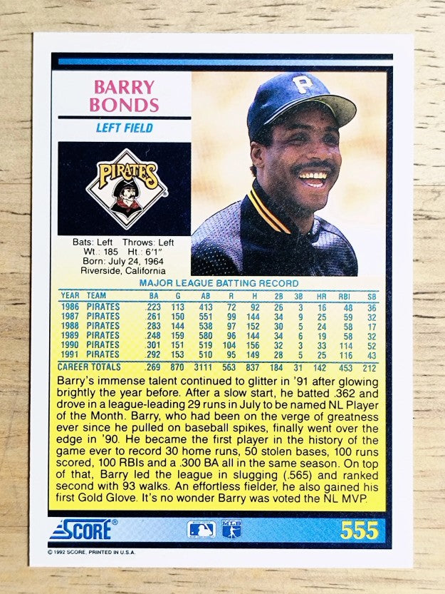 1992 Score #555 Barry Bonds