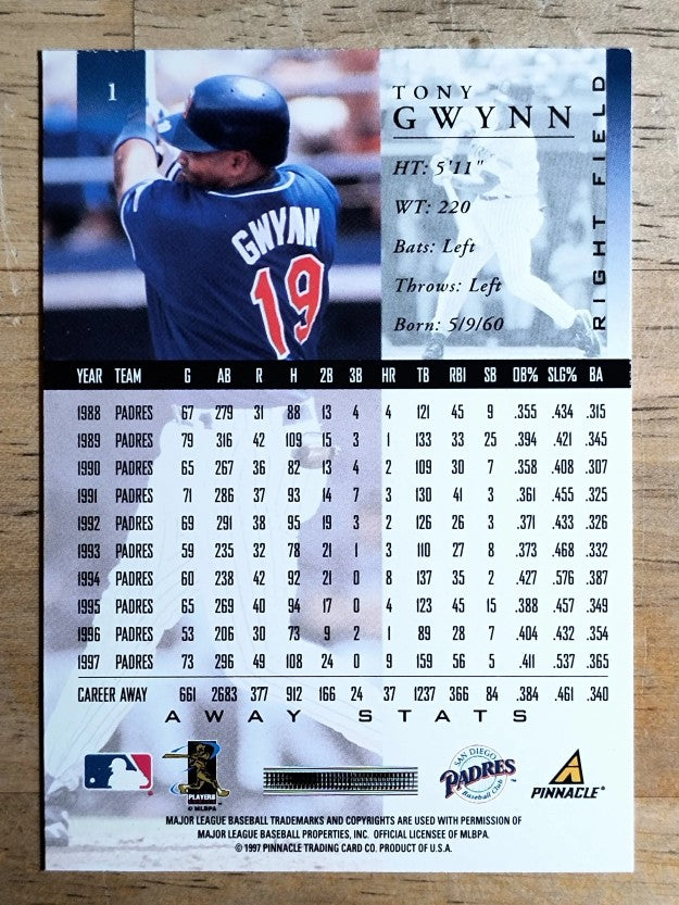 1998 Pinnacle Away Statistics Back #1 Tony Gwynn