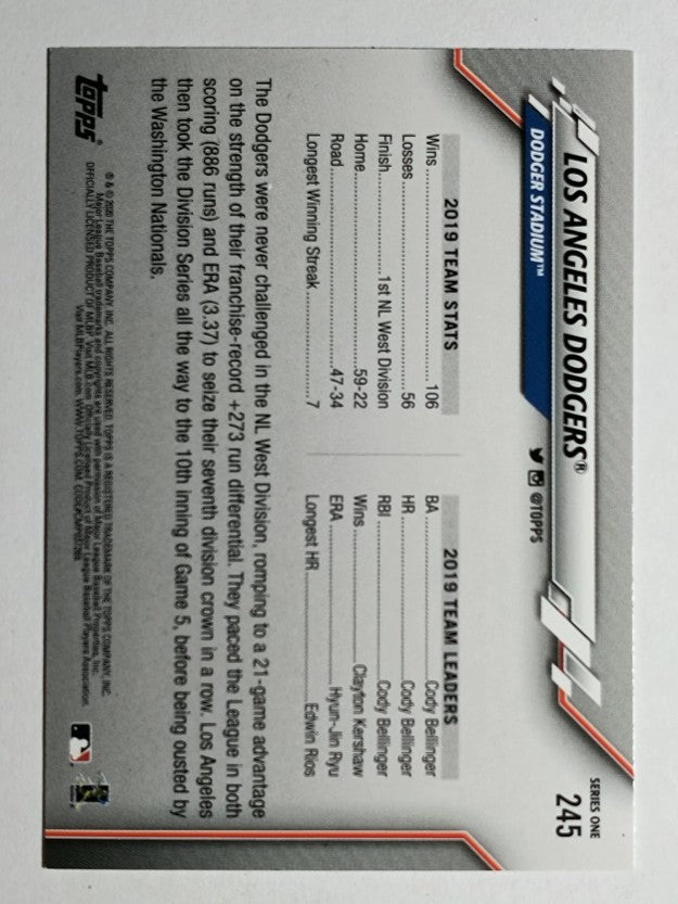 2020 Topps #245 Los Angeles Dodgers TC
