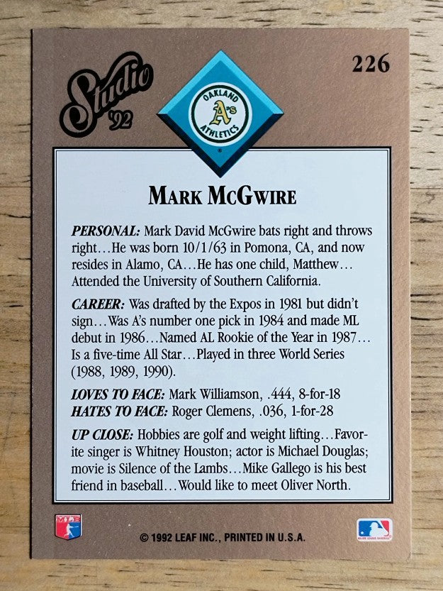 1992 Studio #226 Mark McGwire