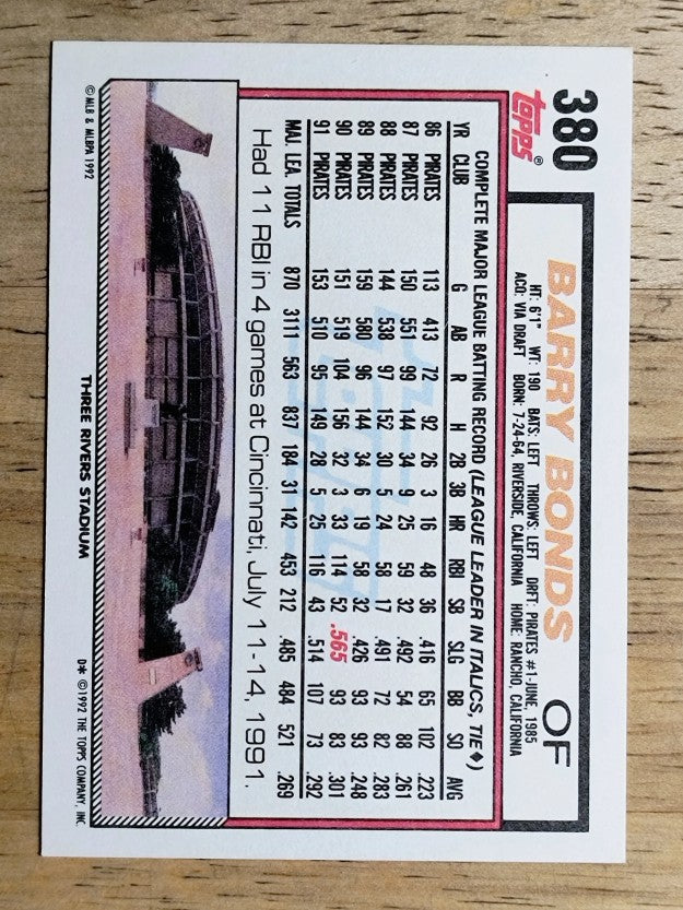 1992 Topps #380 Barry Bonds