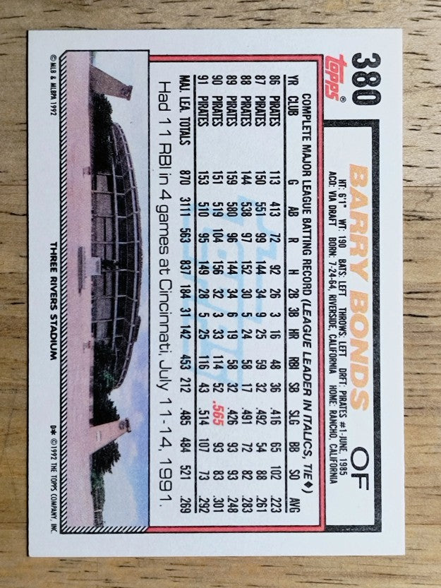 1992 Topps #380 Barry Bonds