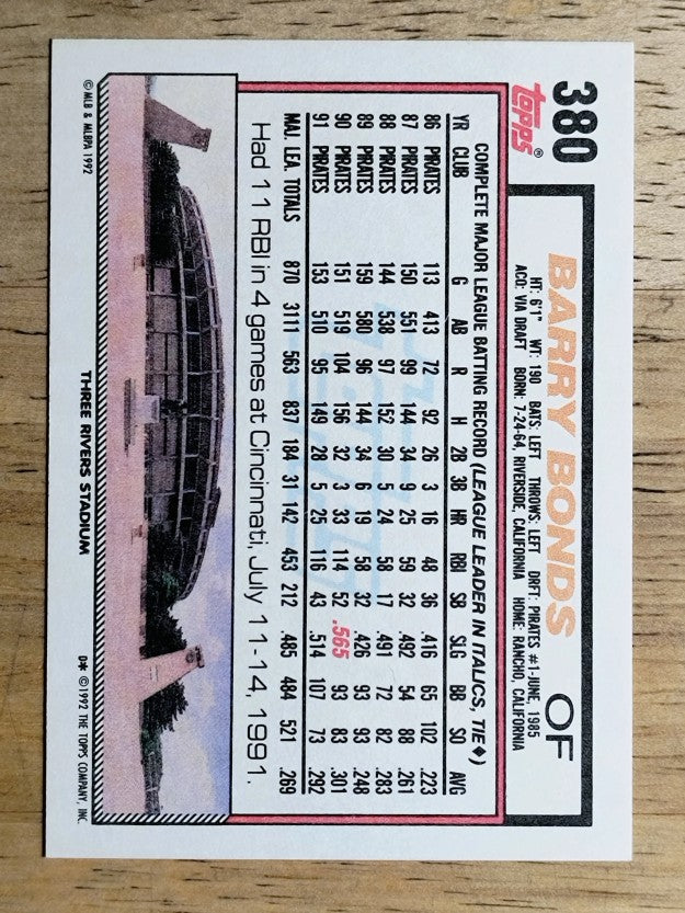 1992 Topps #380 Barry Bonds