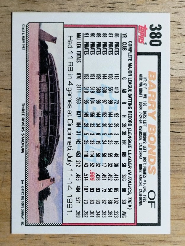1992 Topps #380 Barry Bonds