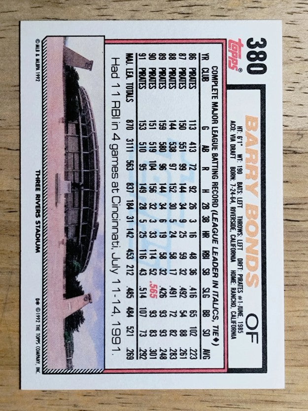 1992 Topps #380 Barry Bonds