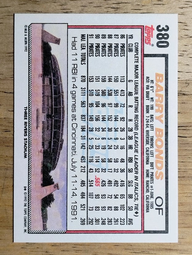 1992 Topps #380 Barry Bonds