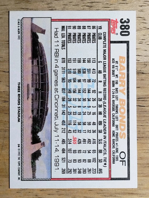 1992 Topps #380 Barry Bonds