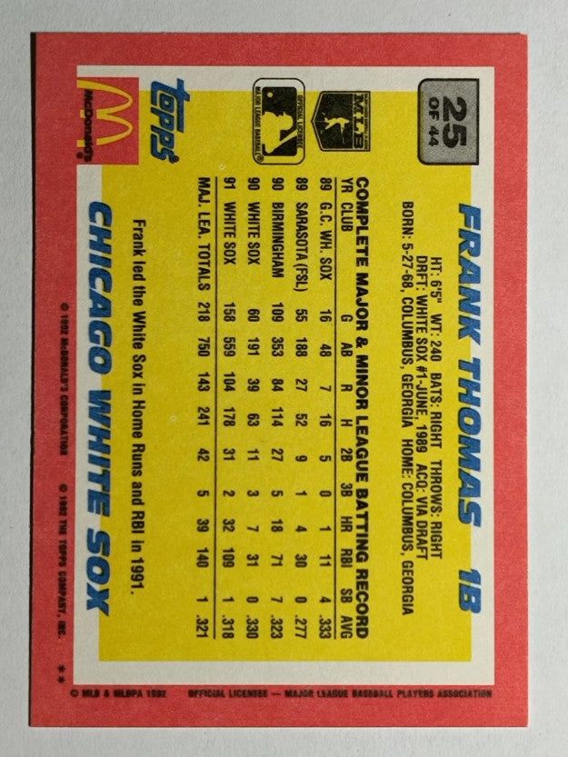 1992 Topps McDonald's #25 Frank Thomas
