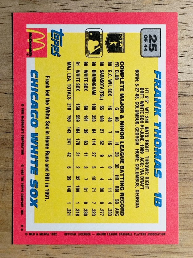 1992 Topps McDonald's #25 Frank Thomas