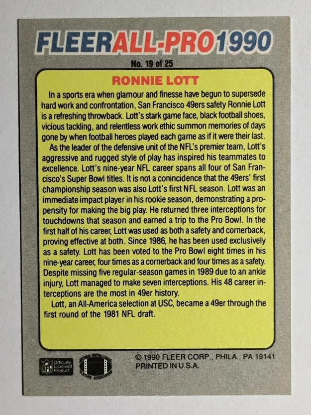 1990 Fleer All-Pros #19 Ronnie Lott