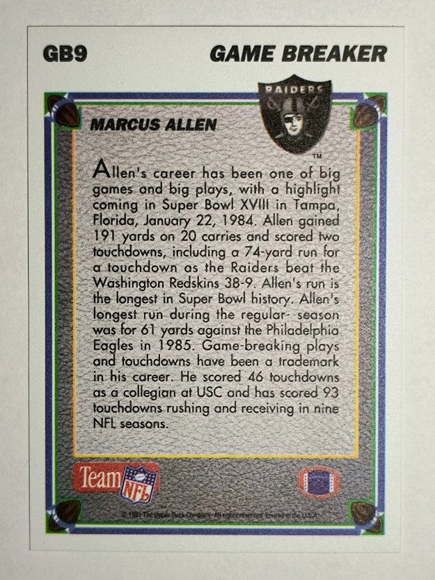 1991 Upper Deck Game Breaker Holograms #GB9 Marcus Allen