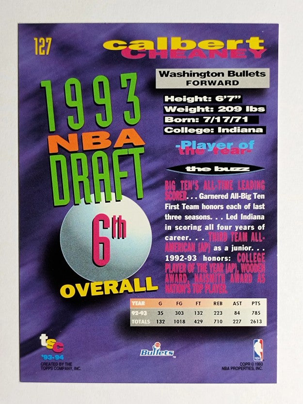 1993-94 Stadium Club #127 Calbert Cheaney RC