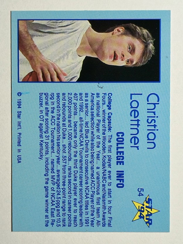 1993-94 Star #54 Christian Laettner/College Info