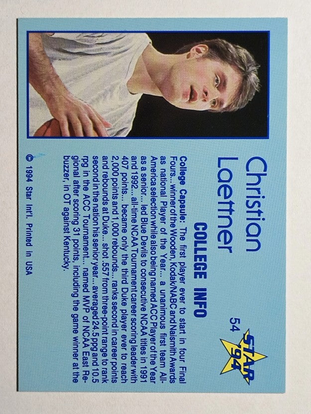 1993-94 Star #54 Christian Laettner/College Info