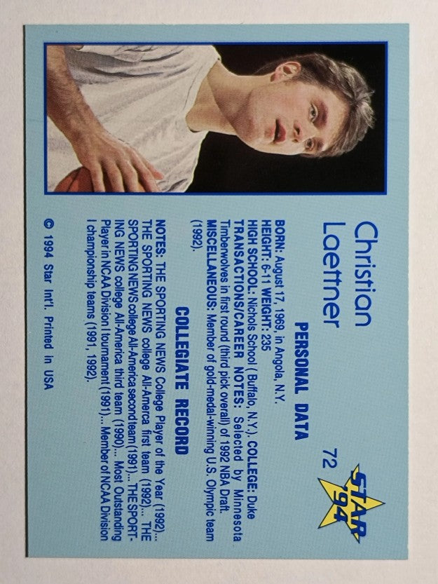 1993-94 Star #72 Christian Laettner/Personal Datta/and Collegiate Record