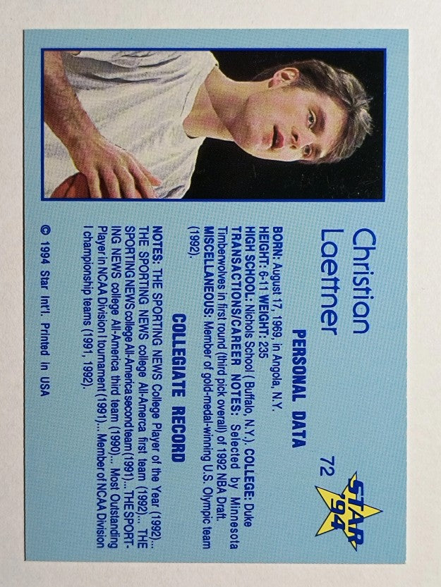 1993-94 Star #72 Christian Laettner/Personal Datta/and Collegiate Record