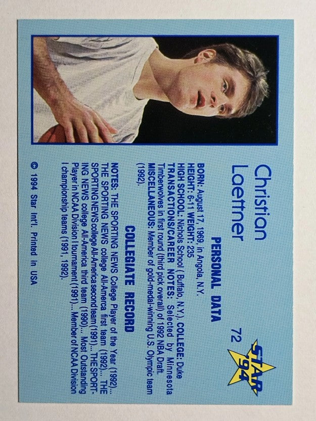 1993-94 Star #72 Christian Laettner/Personal Datta/and Collegiate Record