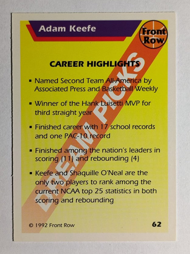 1992 Front Row Dream Picks #62 Adam Keefe/Career Highlights
