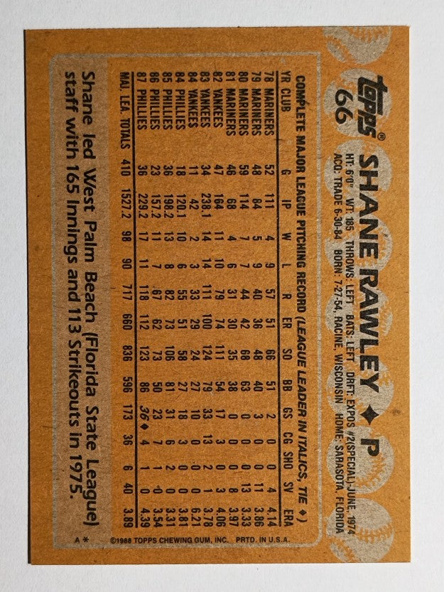 1988 Topps #66 Shane Rawley