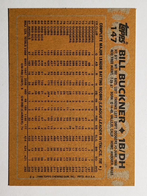 1988 Topps #147 Bill Buckner