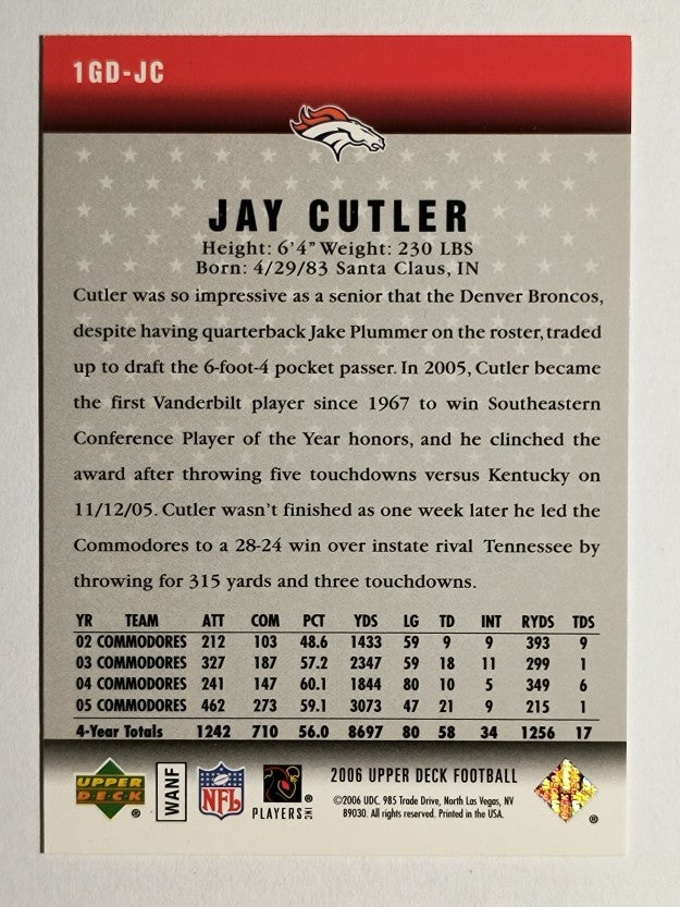 2006 Upper Deck Gridiron Debut #GDJC Jay Cutler