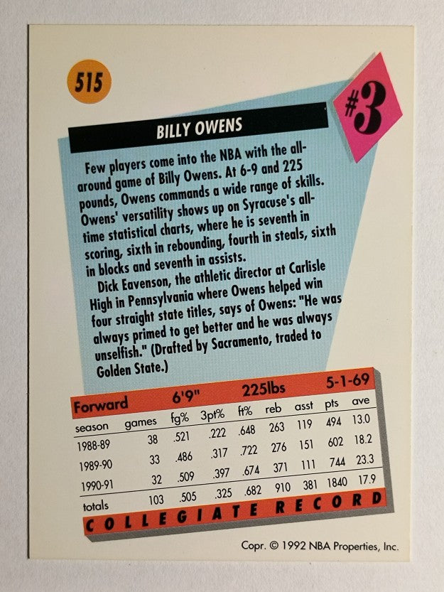1991-92 SkyBox #515 Billy Owens RC