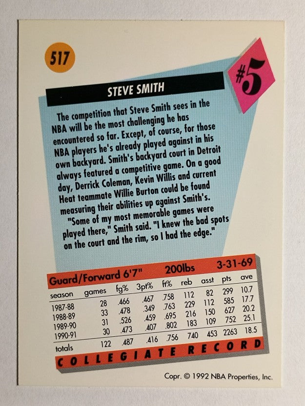1991-92 SkyBox #517 Steve Smith RC