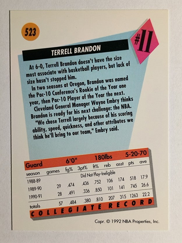 1991-92 SkyBox #523 Terrell Brandon RC