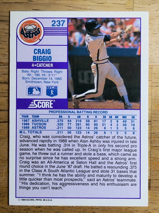 1989 Score #237 Craig Biggio RC