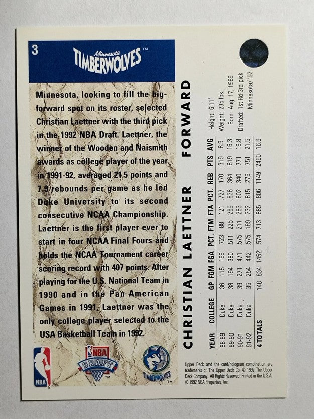 1992-93 Upper Deck #3 Christian Laettner RC