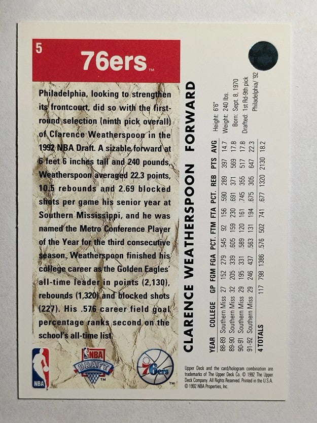 1992-93 Upper Deck #5 Clarence Weatherspoon RC